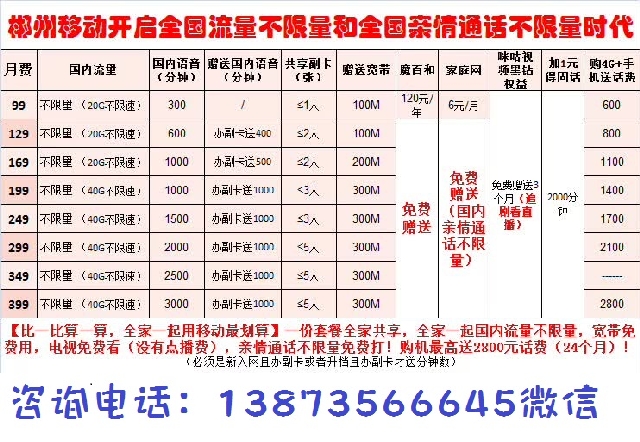 郴州移动新和家庭融合资费